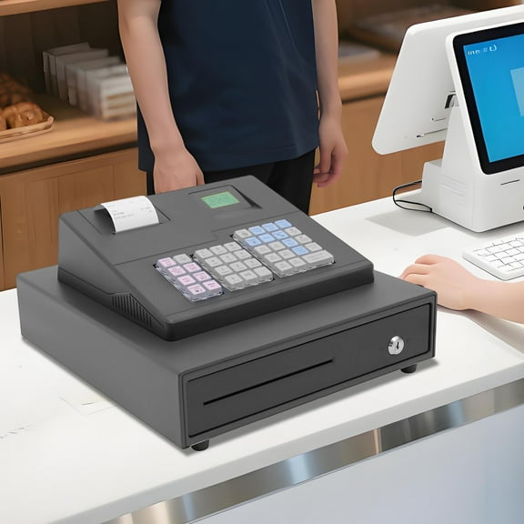 39 Keys Electronic Cash Register Thermal System Cash Register 8 Digital LED Cash Register for Supermarkets Shopping Malls Restaurants Black