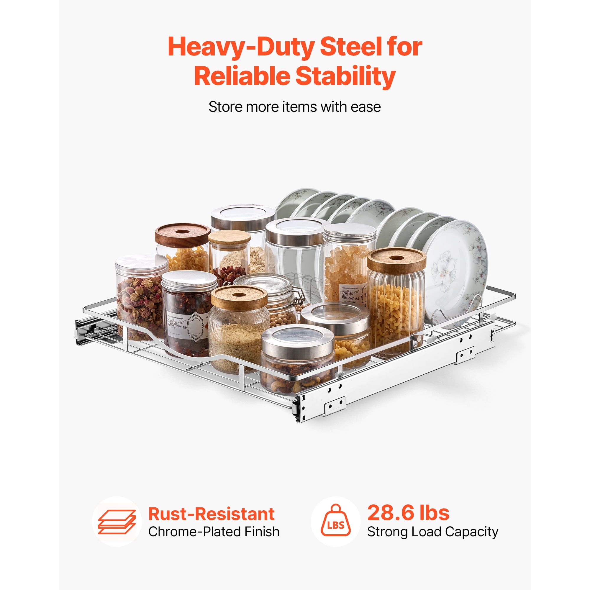 KFFKFF Pull-Out Cabinet Organizer 19.69"W x 21.06"D, Steel Sliding Drawers for Kitchen, Bathroom, Pantry, and Home Storage, Chrome-Plated Finish, Durable Sliding Shelves for Base Cabinets