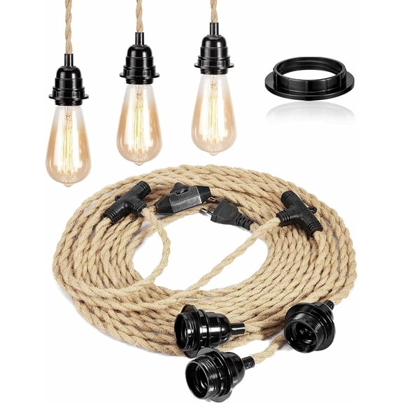 FRIDEKO HOME 29FT 3 Light Plug in Pendant Lights with Switch & Hemp Rope, Farmhouse Hanging Light Kit with Triple E26 Bulbs Socket for Vintage DIY Projects Decoration(Withou Bulb)