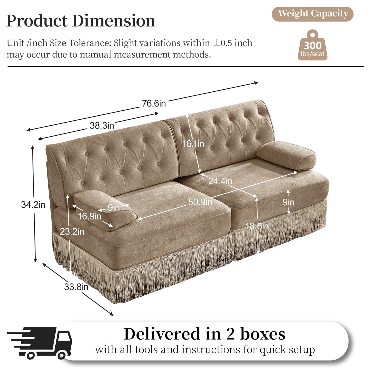 Hommoo 2-Seater Chesterfield Style Velvet Fabric Sofa Couch set, Tufted Button Upholstered Design and Floor-grazing TasseL, Free Combination Sectional Sofa, for Home, Camel