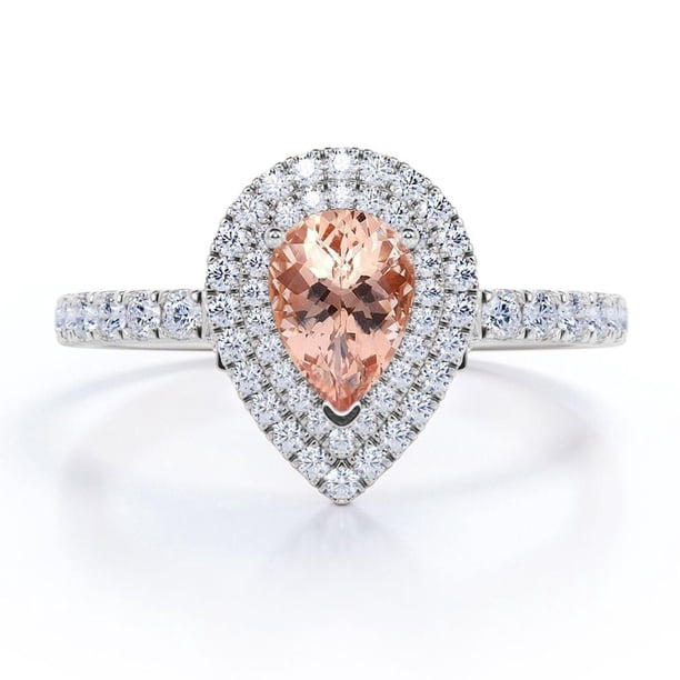 JeenMata Anillo de Compromiso de 1,5 Quilates con Morganita y Moissanita Creadas en Laboratorio, Diseño Pavé, Halo Doble, Baño de Oro Blanco de 18 K sobre Plata