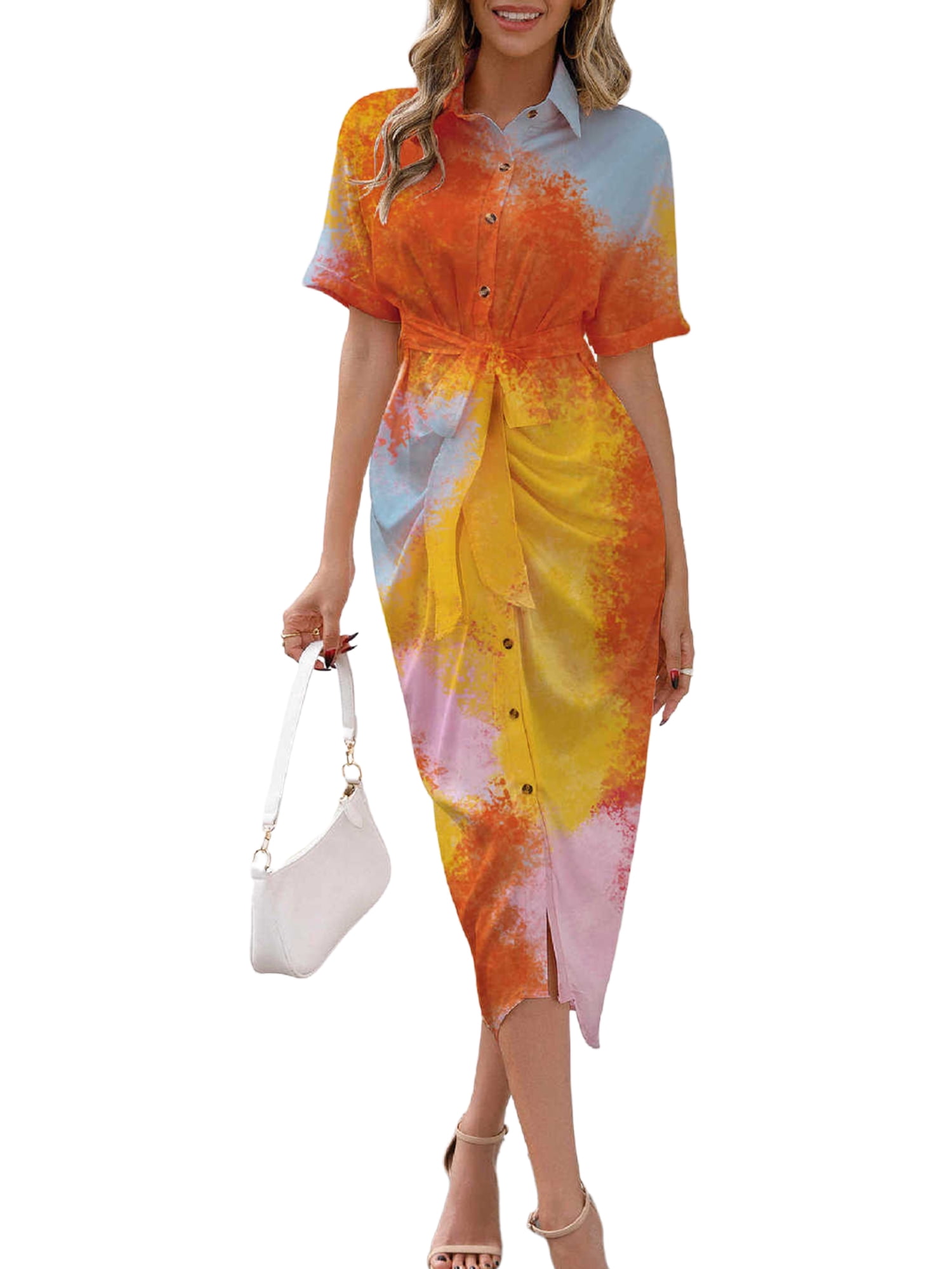 MAWCLOS Women Tie Dye Dress Short Sleeve Shirt Dress Slim Button Down
