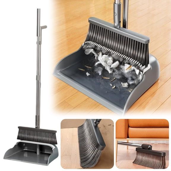 Thicker Broom and Dustpan Set for Home with 51.6"n Long Handle and Teeth Brush, black,broom with dustpan combo set