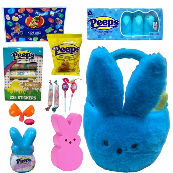 Premade Easter Gift Basket for Kids Prefilled Easter Basket Peeps Themed Reusable Basket by Clear Above Blue Peep
