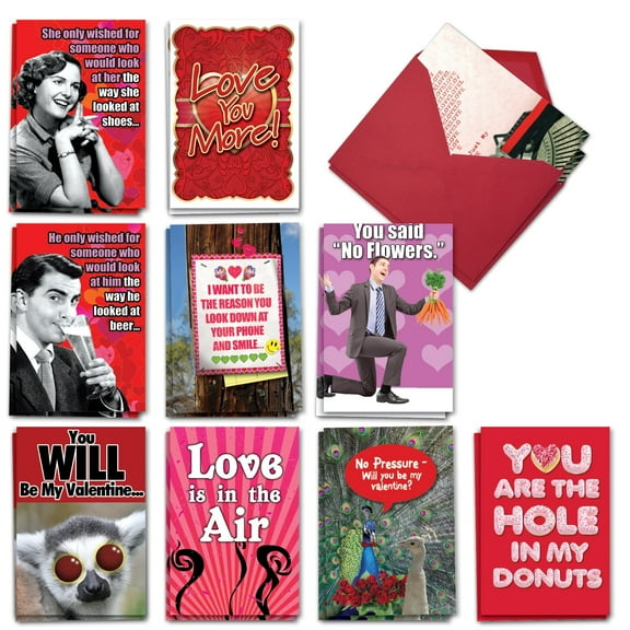 NobleWorks 20 Assorted Box Set Funny Valentine's Day Greeting Cards w/5 x 7 Inch Envelopes (10 Designs, 2 Each) Love Laughs AC9186VDG-B2x10