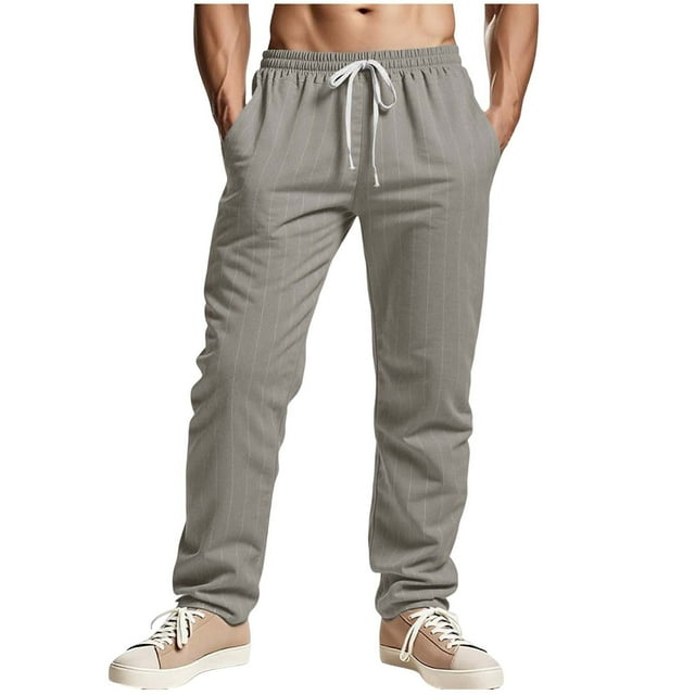 aidice Men Cotton Linen Pants Striped Casual Loose Drawstring Elastic Waist Lounge Trousers with Pockets