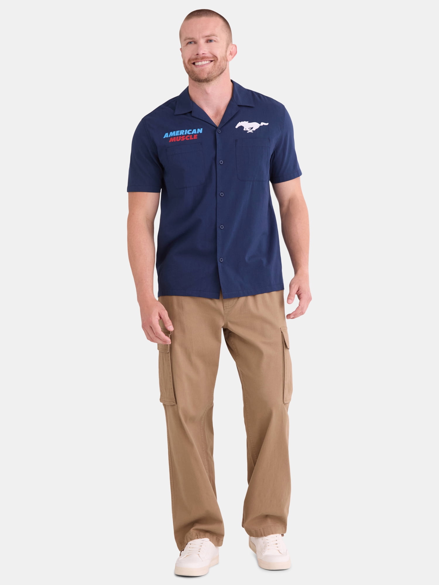 Ford Mustang Men's and Big Men's Front and Back Graphic Button Up Workwear Style Mechanics Shirt with Short Sleeves, Sizes S-3XL