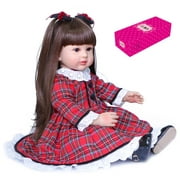 Decdeal 24 inch Baby Doll Lifelike Baby Accompany Dolls Silicone Vinyl & Cotton Body Toddlers Gifts with Red Plaid Dress