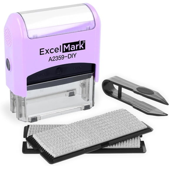ExcelMark Self-Inking DIY Custom Rubber Stamp Kit - Personalized Stamper for Business or Home - Address Stamp, Message Stamp, and More (Purple)