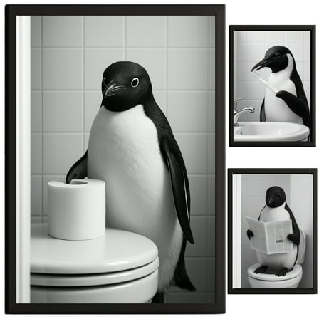 Penguin Bathroom Decor, Wall Art, Farmhouse Photo Picture Set, 3pk, 8.5x11, TheNameStore