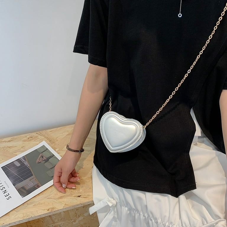 Yucurem Mini Heart Shaped Leather Crossbody Bag, Women Pure Color Chain Handbags  Purse for Girl Gift (Silver) 