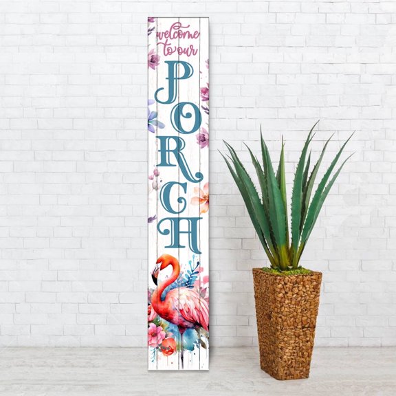 Vertical Welcome Flamingo Porch Sign, Summer Collection Porch Signs, 8x46 Wooden Signs