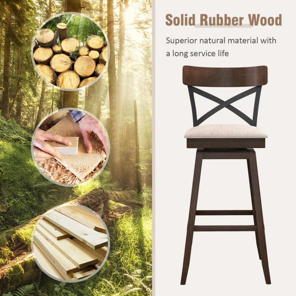 Demi Bonn 30" Set of 2 Wooden Swivel Bar Stools with Cushioned Seat and Open X Back, Modern Dining Chair, Beige