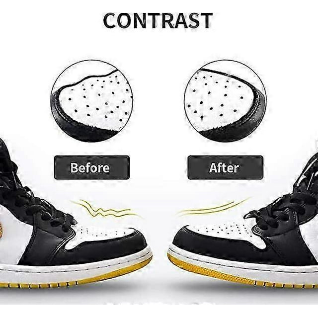 3 pairs toe box crease protector shoes, prevent crease protector sports shoes for men and women(40-46) — cropped front-facing view of black-and-white sneaker toe areas with rounded toe-box inserts; left shows creased toe graphic labeled Before, right shows smooth toe labeled After; perforated leather texture and yellow outsole visible; accesorio para hombres y mujeres.