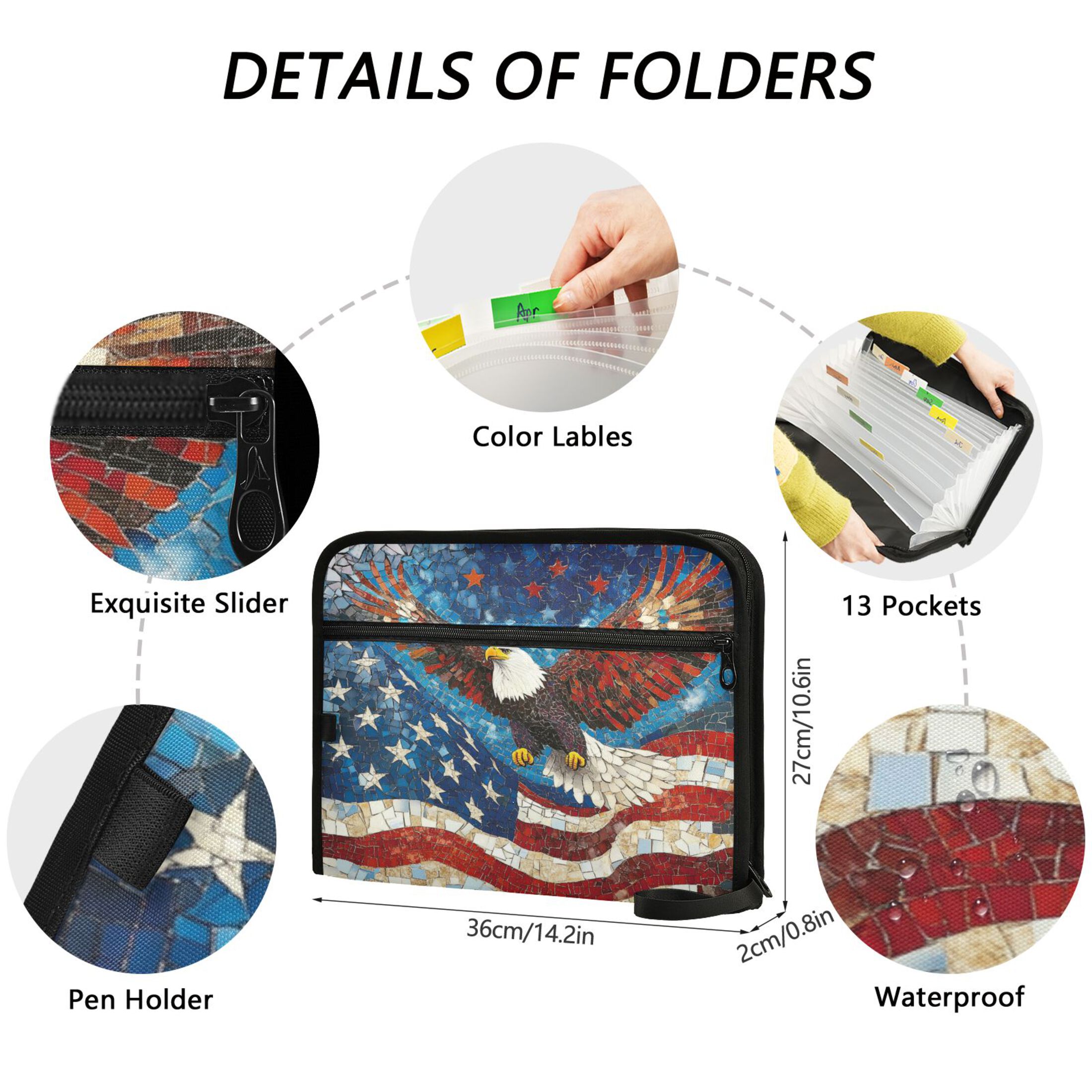 WOBOGO American Flag Bald Eagle Expanding File Folder Letter Size Accordion Filing Organizer 13 Pocket Separate Organ Pocket