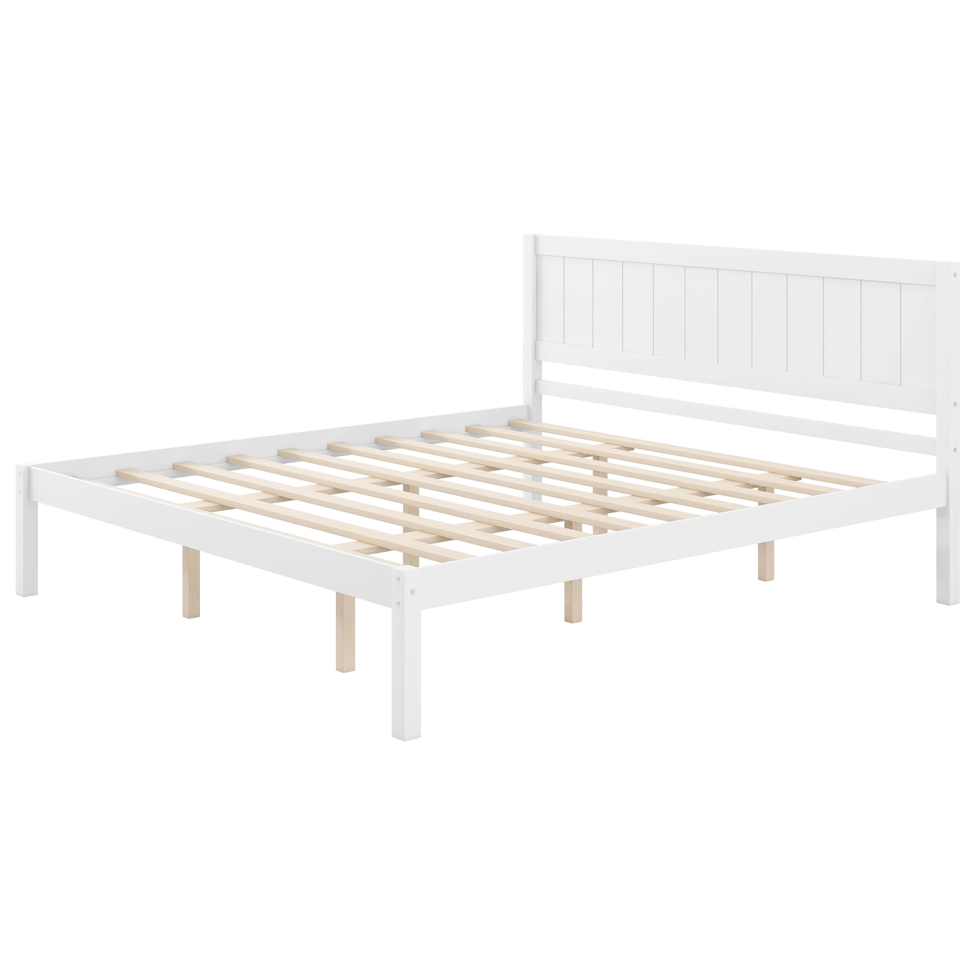 Leumius King Size Platform Bed Frame with Headboard, Wood Slat Support, No Box Spring Needed for Bedroom Guest Room White