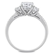 Everly Women's Engagement Anniversary Bridal 1 1/3 CT. Round Created White Sapphire Round-Cut Diamond Accent (G-H, I2-I3) 10kt White Gold 3-Stone Ring with 4 Prong/Pave Setting & Shoulder Diamonds