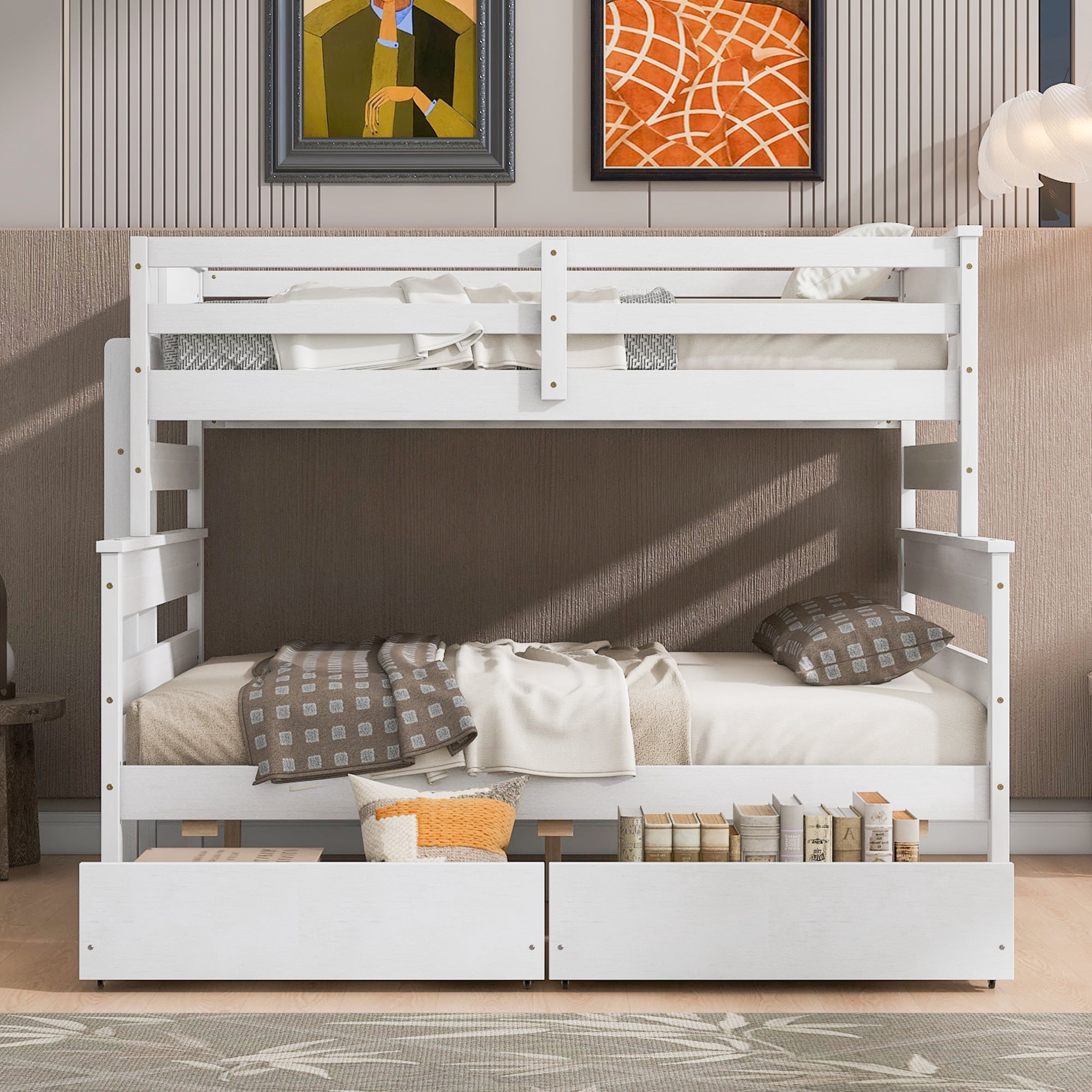 Euroco Wood Twin over Full Size Bunk Bed with Two Drawers, 2-in-1 Beds for Kids Teens Bedroom, Divided Bunk Bed Frame, White