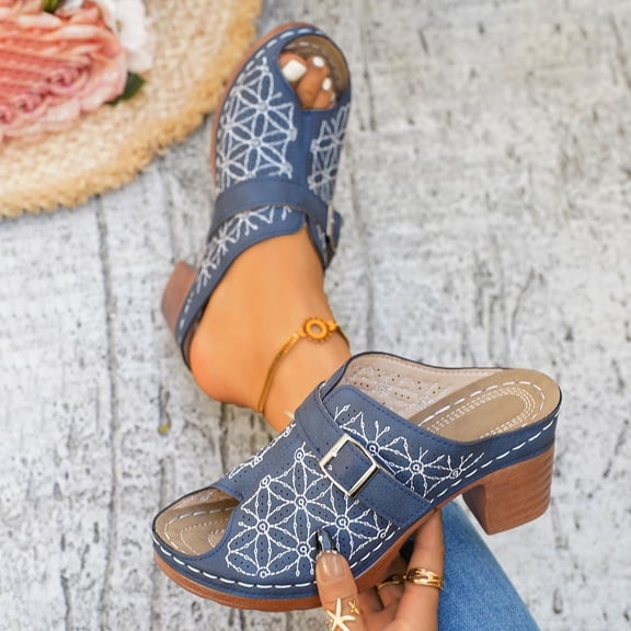Sandals Women Women's Fashionable Casual Spring And Summer Trendy Solid Color Floral Embroidered Metal Buckle Half-Covered Toe High-Heeled Slippers,Navy,36