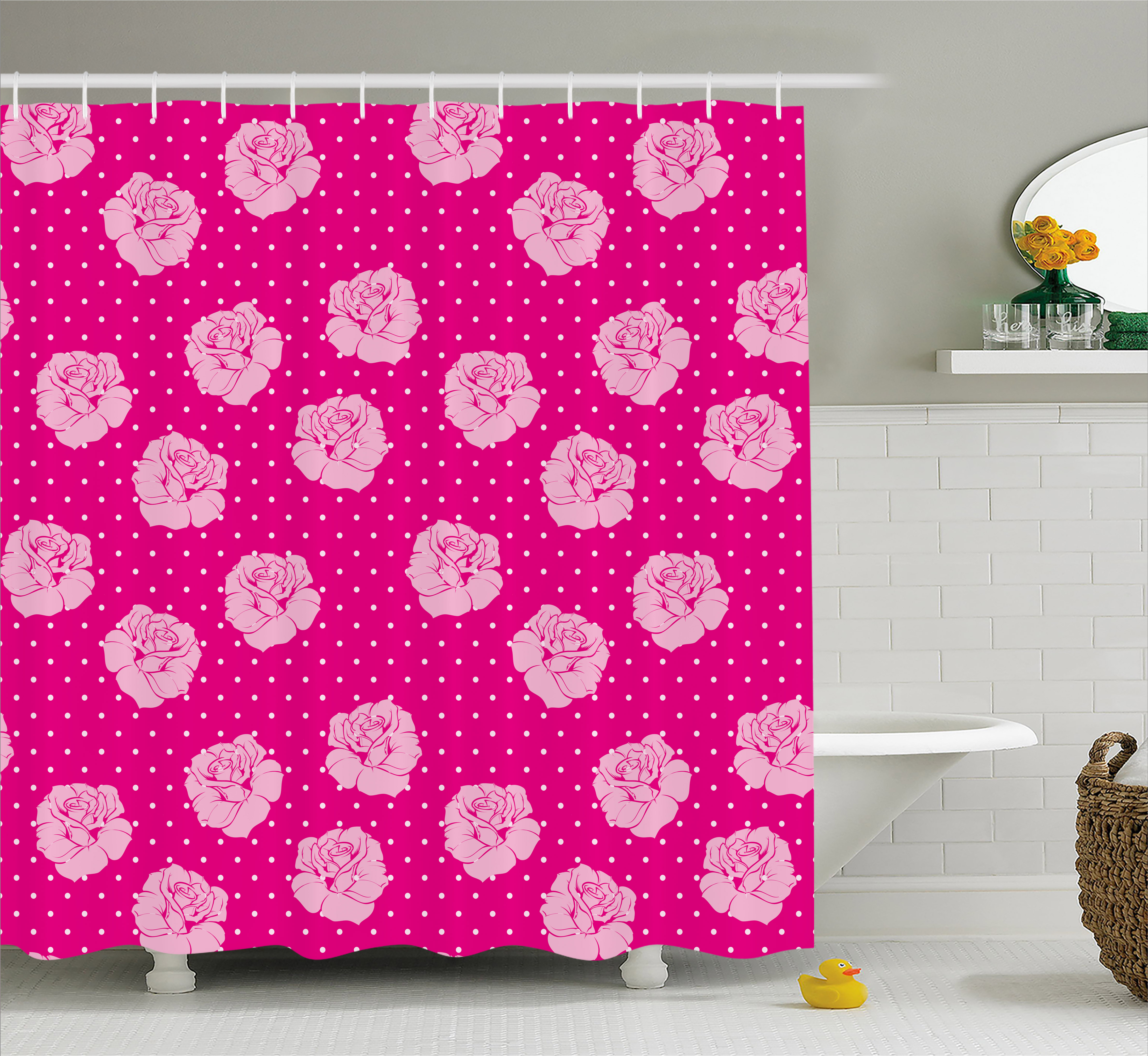 Hot Pink Shower Curtain, Vintage Pale Pink Roses on White Dotted Hot