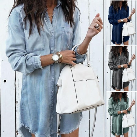 - US Womens Denim Long Sleeve Tassel Blouse Tops Mini Dress Ladies Casual T-Shirt