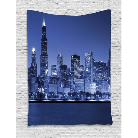 Usa Tapestry Chigago City Skyline At Night With Tall Buildings Urban Modern Life American Town Scene Wall Hanging For Bedroom Living Room Dorm