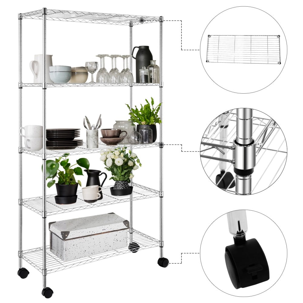 IVV 5-Tier Wire Shelving Unit on Wheels, Adjustable Heavy Duty Metal Storage Rack, Chrome-Plated Rolling Organizer for Kitchen, Laundry, Bathroom, Garage, Pantry, 35.4"L x 13.8"W x 65"H