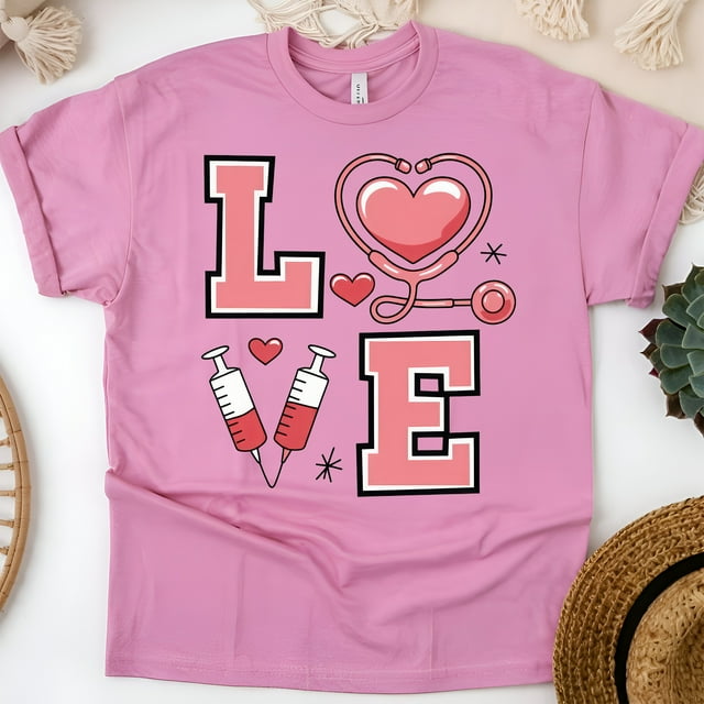 Nurse Love T-Shirt with Stethoscope and Syringe Graphic, Azalea, Size M
