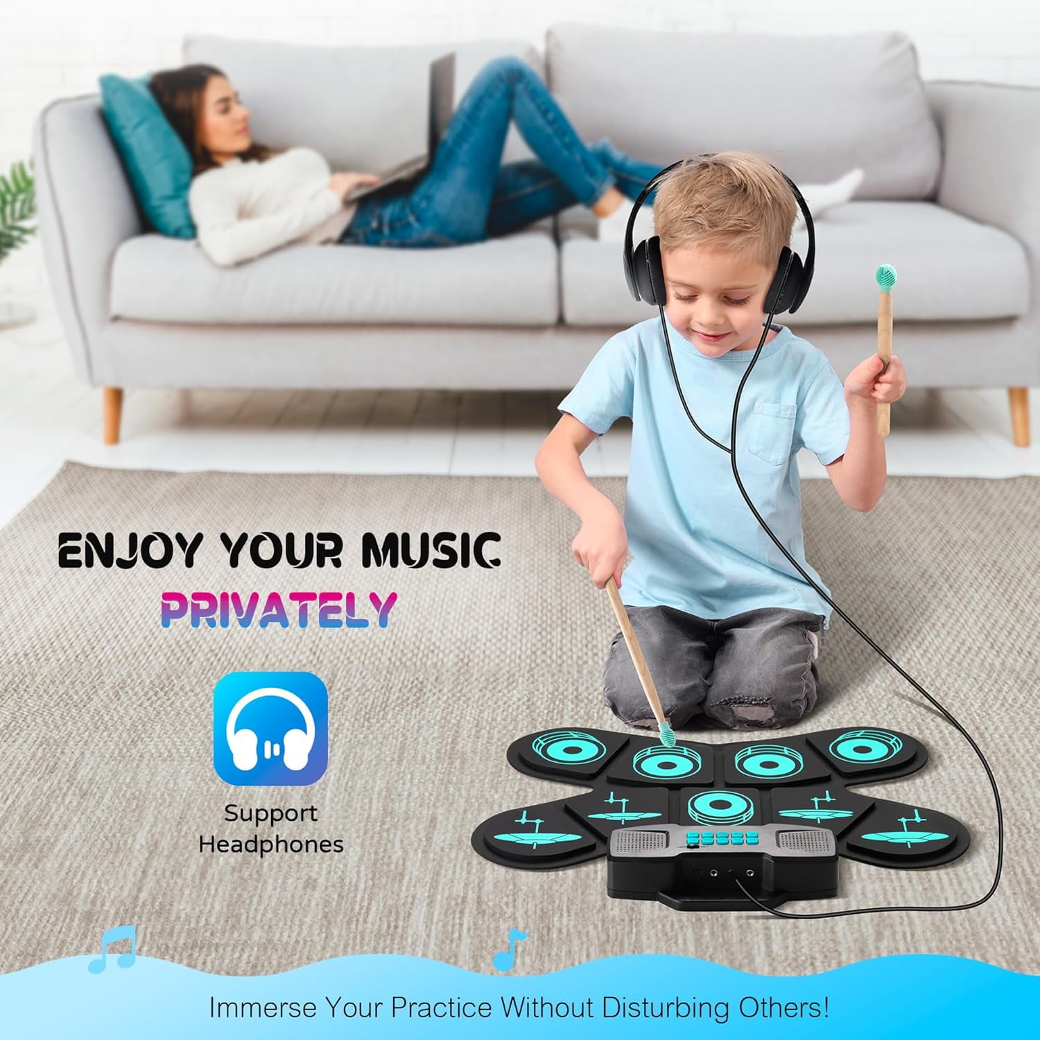Portable Electronic Drum Set, 9-Pad Tabletop Drum Kit with Headphone Silent Mode & Drum Sticks/Pedals, MIDI Connectivity, Ideal Music Starter Gift for Boys & Girls Ages 3-8
