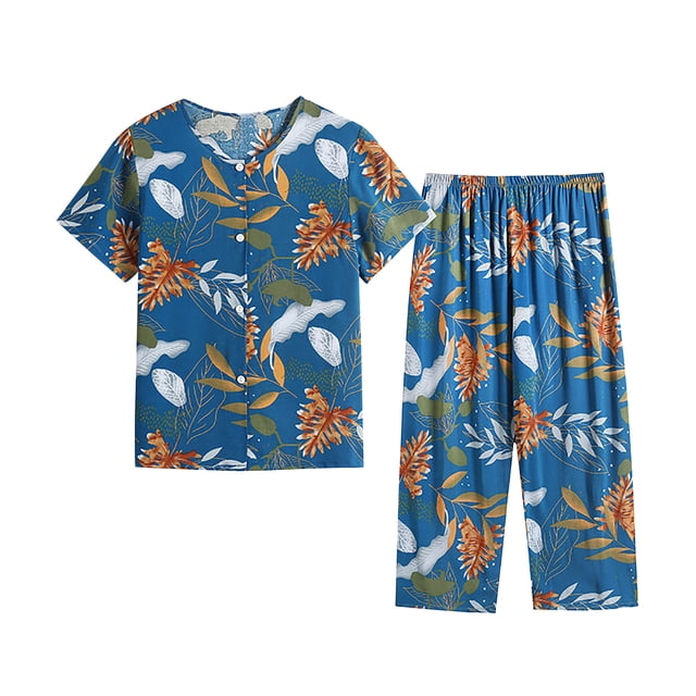Tnhcen Ensemble de Pyjama d'Été pour Femmes en Lin 2 Pcs / Haut à Manches Courtes Boutonné Col Rond Imprimé Rétro + Pantalon Taille Élastique / TG-4TG