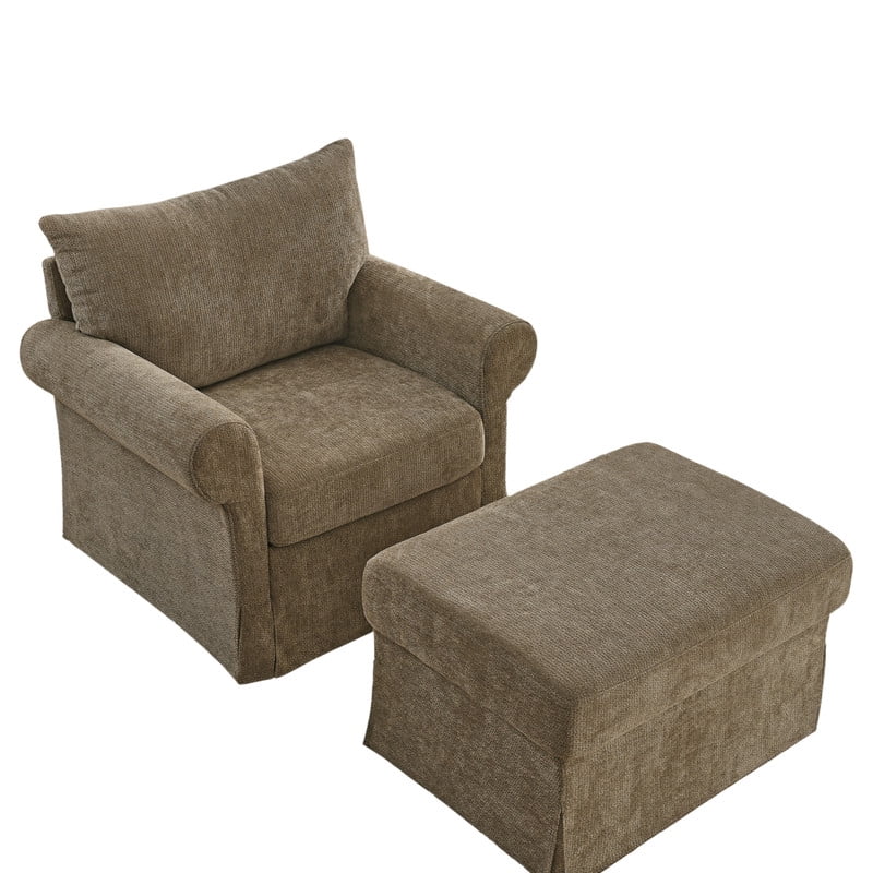 Oversized Single Sofa Chair w/ Ottoman Set, Chenille Accent Chaise Lounge, Modern Upholstered Armchair w/ Backrest Pillow