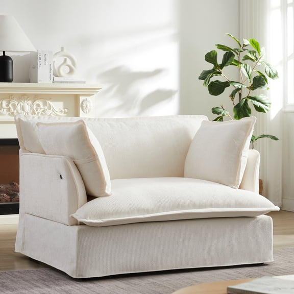Leumius 47.2" Oversized Accent Chair with Dual-Port Charging,Modern Chenille Single Sofa with Throw Pillowsand Deep Wide Seat,Upholstered Armchair for Living Room&Apartment,White