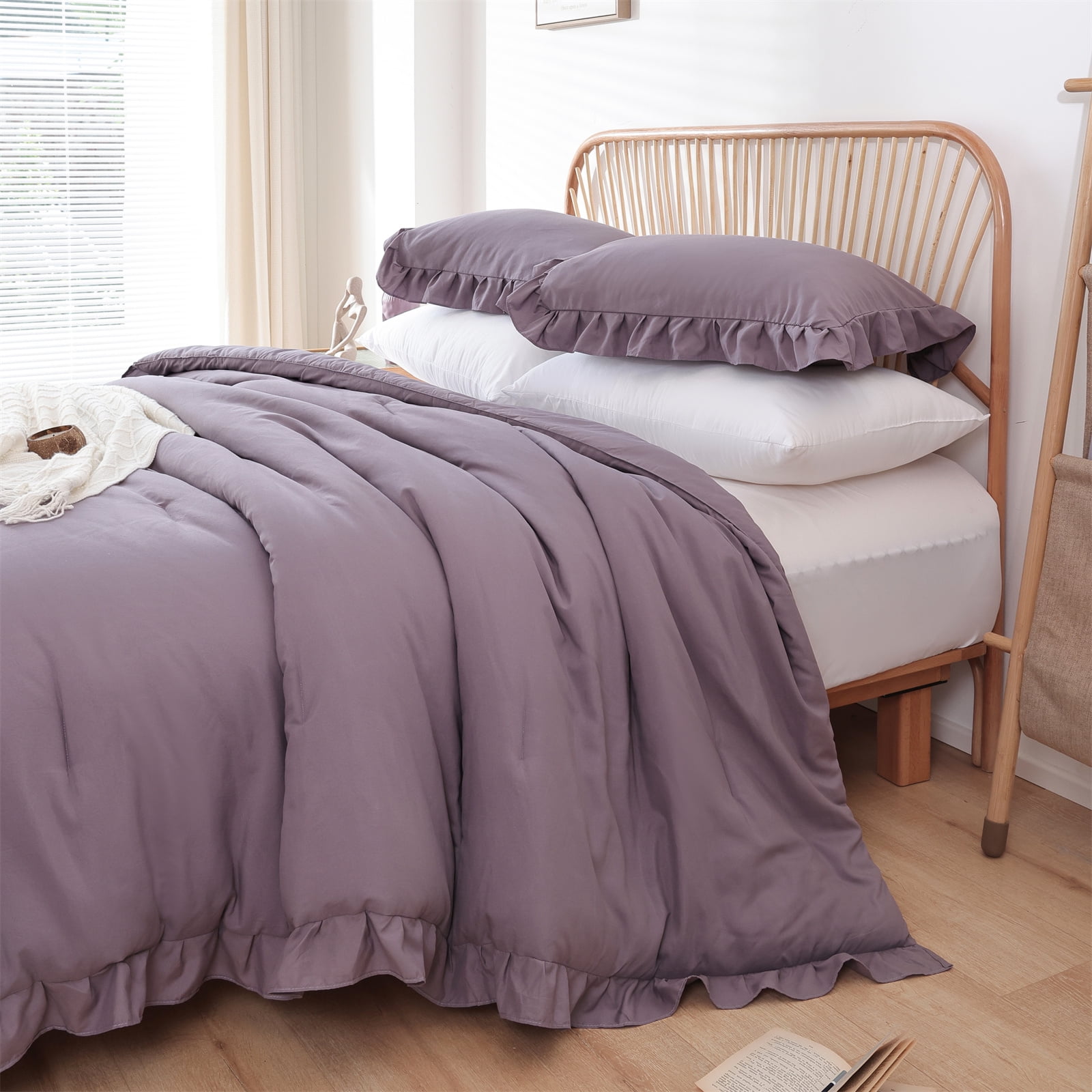 SPRINDAY King Size Comforter Set For Adult, 3 Piece Ruffle Purple Comforter Sets All Season