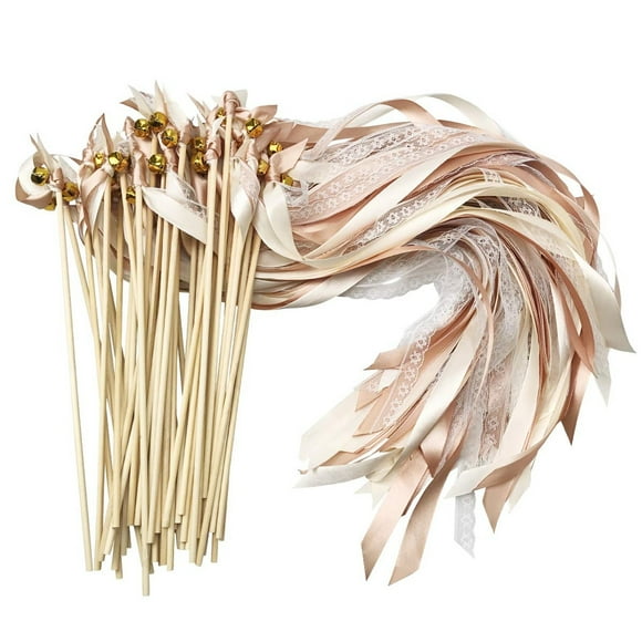 Baguettes de Fée en Dentelle de Champagne - Lot de 50 Rubans en Soie pour Fête avec Clochettes pour Mariage, Baby Shower, Célébration de Vacances et Plus