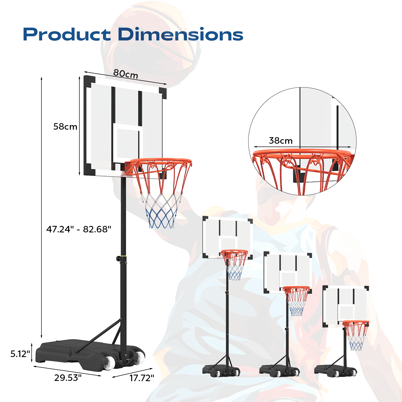 Pool Basketball Hoop, Height Adjustable 3.9" to 6.9", Black Steel Frame, Water Base, Includes Air Pump, 8-Inch Rubber Ball, Indoor & Outdoor Use
