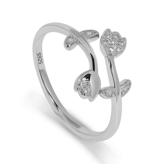 Meissa S925 Sterling Silver Tulip Ring for Women, Dainty CZ Flower Open Wrap Band, Elegant Promise Jewelry for Gift