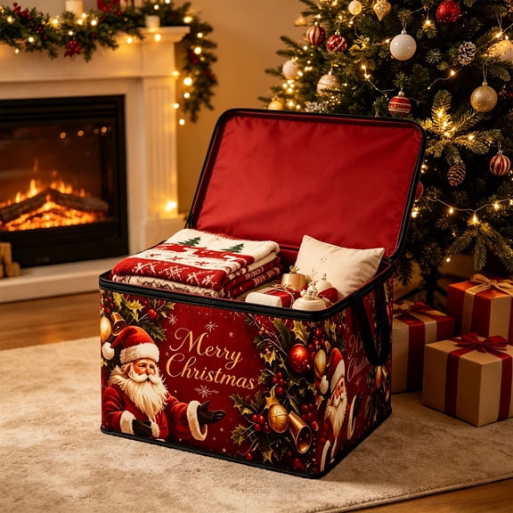 Santa Christmas Storage Box with Lid, Large Vintage Collapsible Fabric Ornament Storage Bags with Dual Zipper Carry Handles, Wine‑Red Merry Christmas Print Storage Bin for Organizing Closet, Ornament