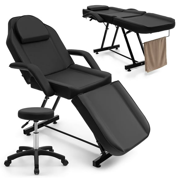 Gymax 73'' Facial Chair with Hydraulic Stool w/Detachable Armrests & Towel Rack Black