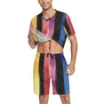 thumbnail image 3 of joogoo Men's Pajama Set Rainbow Stripes Pattern V-Neck Pj Shorts Set 2 Piece Loungewear Sleepwear S, 3 of 7