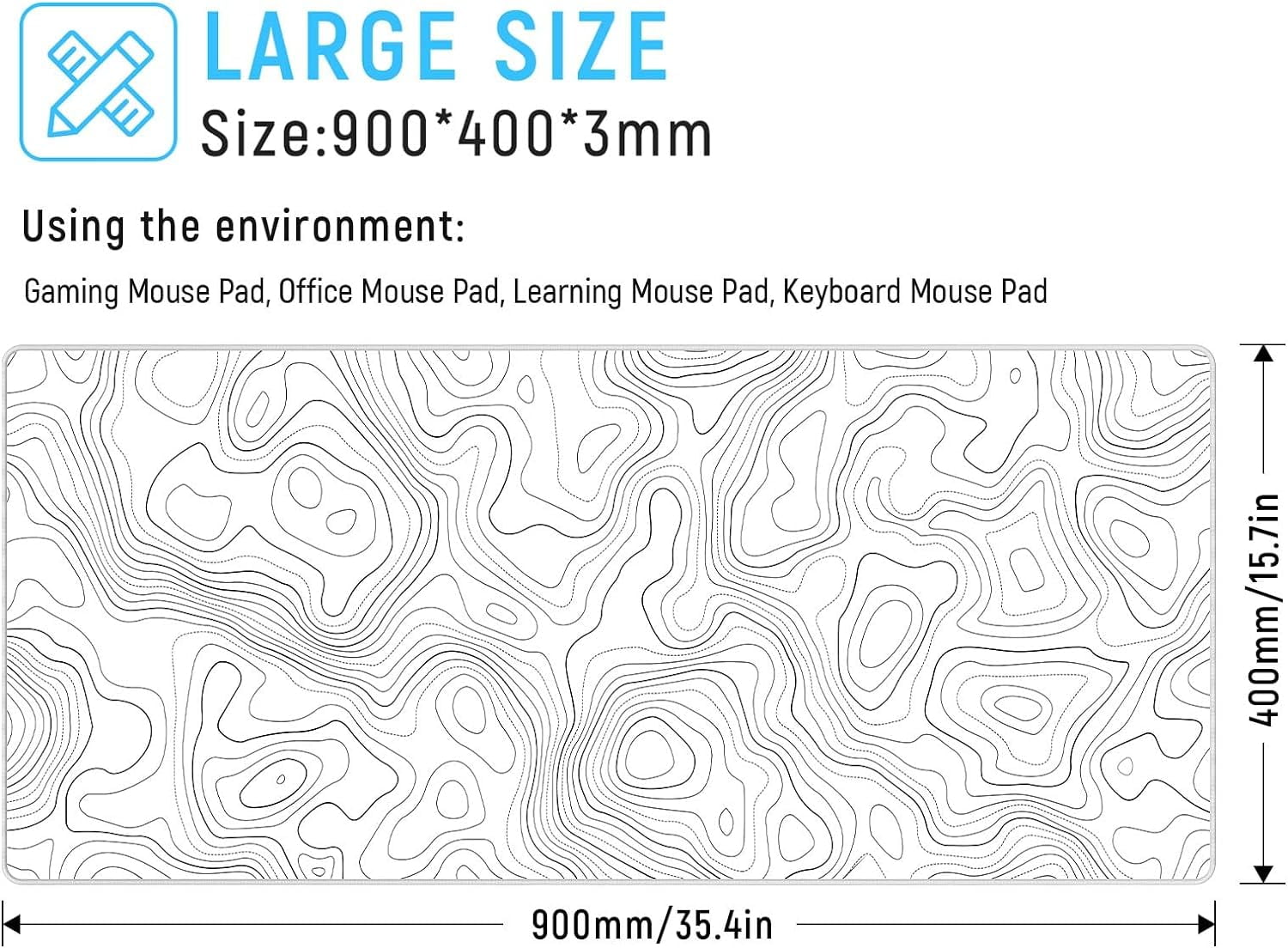White Topographic Large Gaming Mouse Pad, XXL Mousepad, Big Mouse Mat Desk Pad for Keyboard and Mouse, Gaming Computer Laptop PC Desk Office Accessories