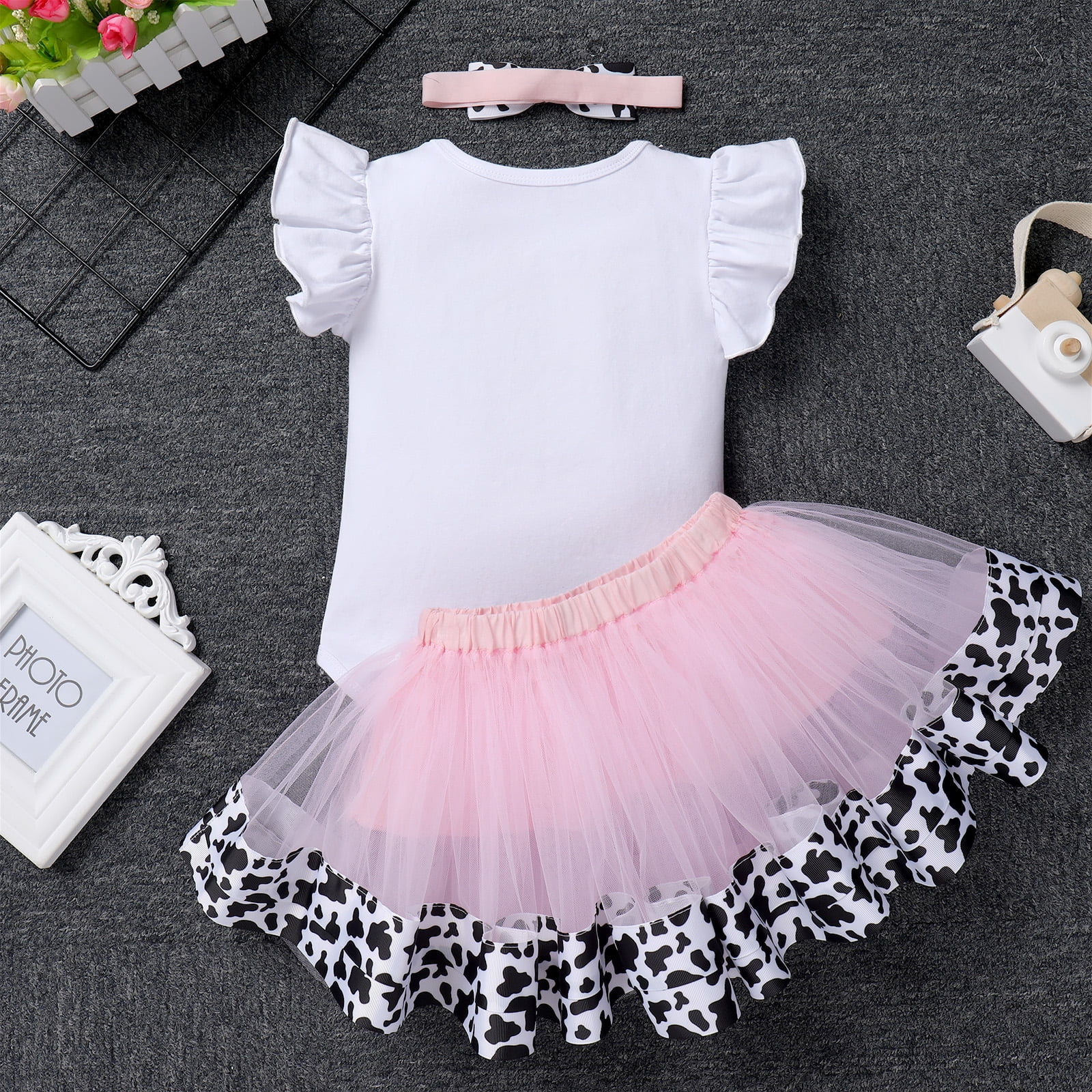 IBTOM CASTLE Baby Girl 1st Birthday Outfit Farm Cow Romper Tutu Skirt Headband Cake Smash Photo Shoot Clothes