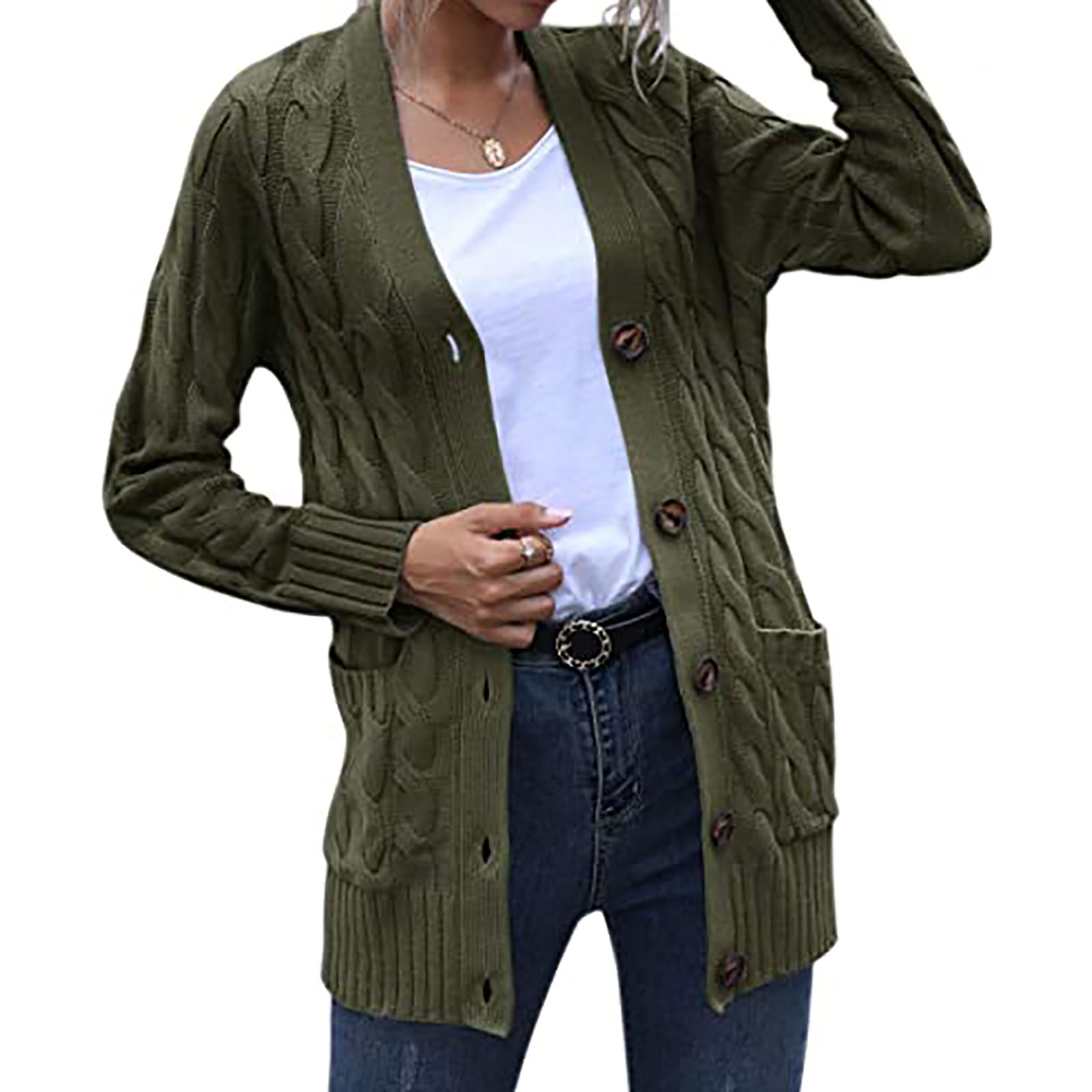 Womens Plus Size Sweaters Cardigans with Pockets S-5X Casual Button-Down Coats Solid Long Sleeve Open Front Cable Knitted Outerwear Sweater