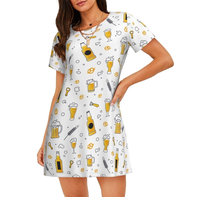 Fotbe Beer Bata de Dormir para Mujer con Estampado, Camisón de Algodón de Manga Corta, Ropa de Dormir Casual