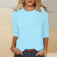 thumbnail image 4 of Blue Womens Tops Women's Solid Color Round Neck Slim 3/4 Sleeve T Shirt Top Shirts for Women, 4 of 5