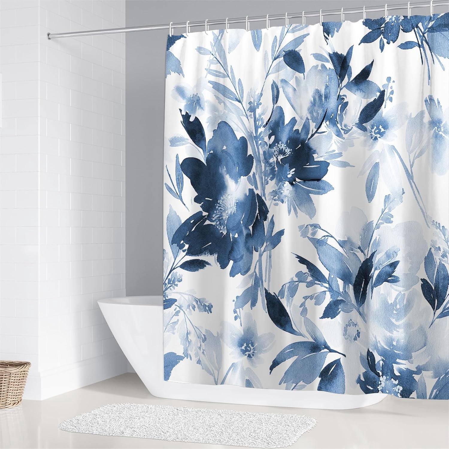Blue Leaves Shower Curtain Set Bathroom Sets Flower Shower Curtain Set with Rugs,Bathroom Shower Curtain Set with Carpet Bath Mat Toilet Rugs
