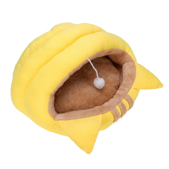 Grotte pour Chat Chaude Semi-Fermée Lit pour Animal Maison d'Animaux Dessin Animé pour Automne Hiver Jaune