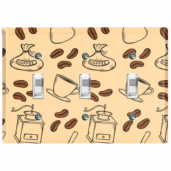 Metal Light Switch Wall Plate Outlet Cover (Coffee Espresso Mocha Bean Cup Maker Pistachio Beige - Triple Toggle)