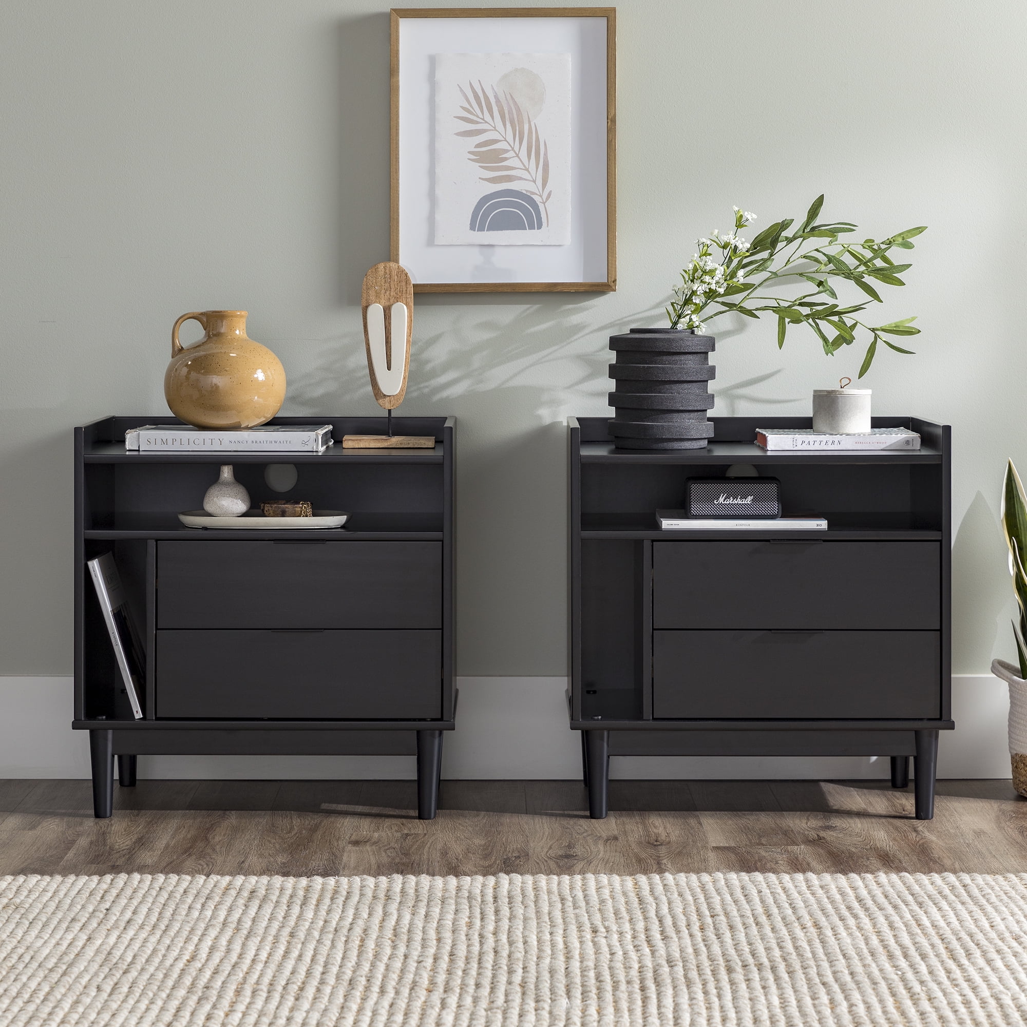 Walker Edison Mid-Century Modern 2-Drawer Wood Nightstand, Set of 2, Black
