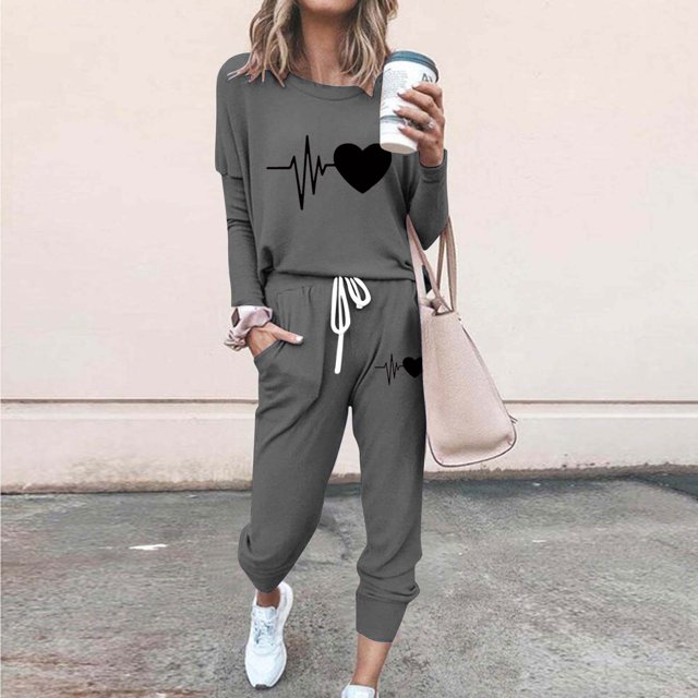 Puntoco Conjunto de pijama cómodo para mujer, con estampado de letras de invierno, cuello redondo, manga larga, pantalones, ropa informal para el hogar
