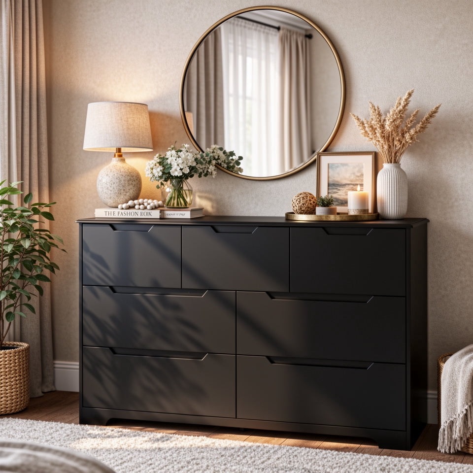 7 Drawers Dresser, 47" Wide Chest of Drawers with Handle Free Design, Modern Storage Organizer with Metal Handles, for Bedroom, Living Room, Hallway, Office, Entryway, Black